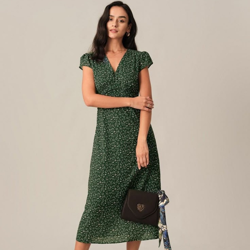 RIHOAS The V Neck Frill Trim Midi Grass Green Dress Sz S NWT
